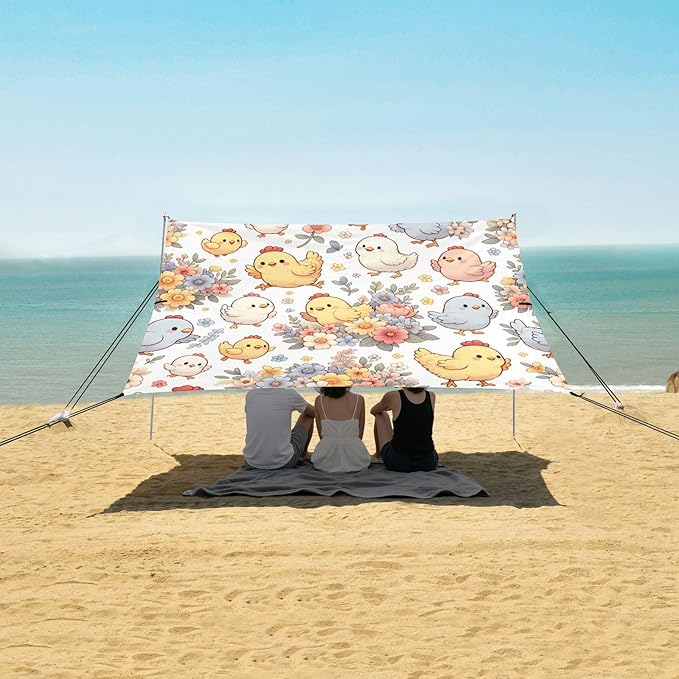 Cute Floral Cartoon Chickens Beach Tent Sun Shelter Set UPF50+ UV Protection 10.5 x 9.19 FT Camping Shade Canopy with Sandbags Sand Anchors Carrying Bag and Others