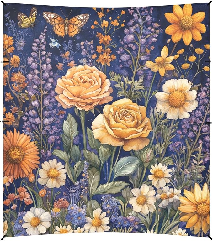 Autumn Flowers Rose Daffodil Butterflies Bees Royal Blue Beach Canopy UPF50+ Waterproof Large Sun Shelter with Sandbags Sand Shovel Poles for Family Trips Picnics &amp Camping
