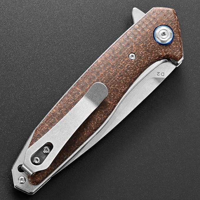 Eafengrow EF972 Folding Knife D2 Steel Blade Micarta Handle Pocket Knife Folder for Outdoor Camping Hiking Working EDC Tool Knife(Brown)