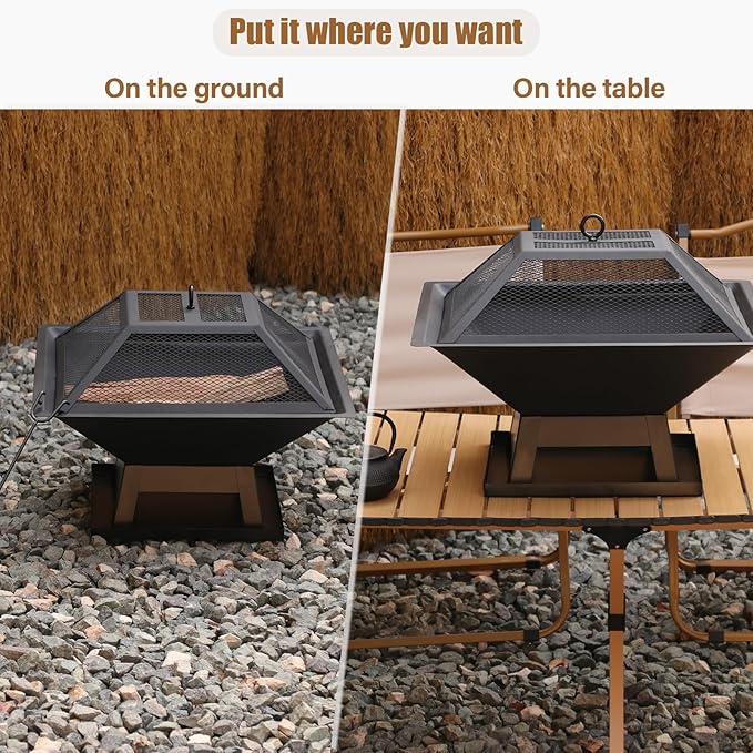 19.8inch Portable Small Fire Pit with a Removable Ash Pan Fire Poker Mesh Lid 2 in 1 Square Outdoor Fireplace for BBQ Outside Heating Bonfire Party Camping Backyard Patio RV Trip