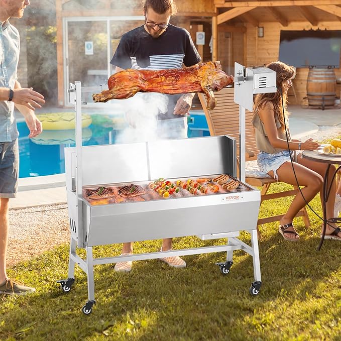 VEVOR Rotisserie Grill with Windscreen BBQ Whole Pig Lamb Goat Charcoal Spit Grill 35 Inch 90 Lbs Capacity Electric 42W Motor Stainless Steel Roaster with Lockable Wheels for Camping Outdoor