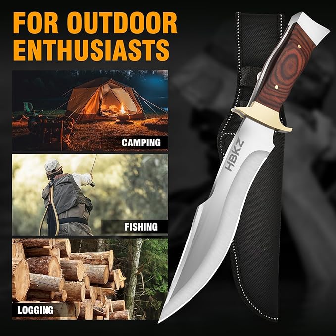 Fixed Blade Survival Knife - 9Cr18 Stainless Steel Hunting Knife - 12 Heavy Duty Bushcraft Knife with Premium Wood Handle - Gift for Men for Camping Hiking &amp Fishing