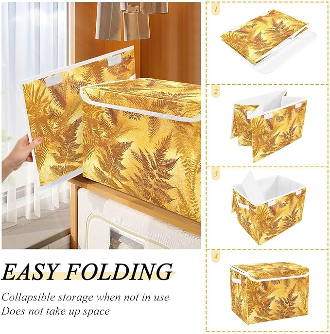 Storage Cube with Lid Golden Leaf Print 16.5×12.6×11.8 IN 1 Pack Collapsible Large Capacity Foldable Storage Basket Bin Organizer