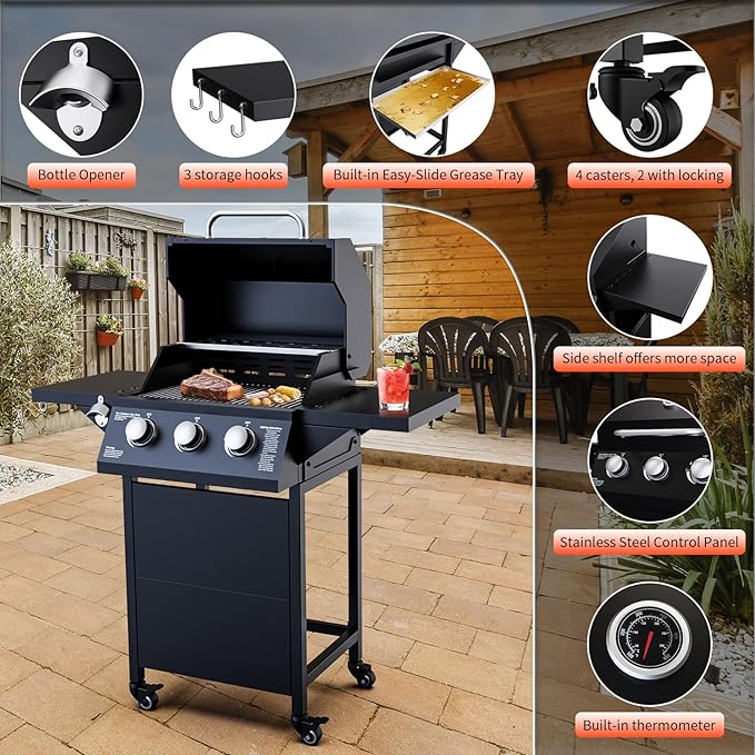 3-Burner Propane Gas Grill 30000 BTU Outdoor BBQ Gas Grill with 2 Side Tables Stainless Steel Grating Grill Built-in Thermometer&ampWheels Easy Assembly for Patio Backyard BBQ