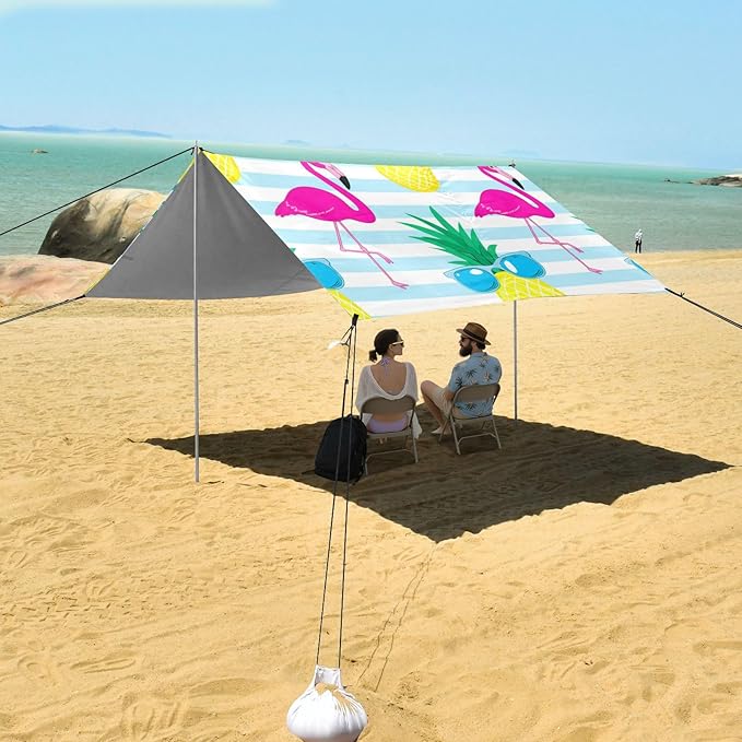 Beach Canopy with Windproof Ropes &amp Sandbags Beach Tent Sun Shade Sun Shelter for Camping Trips Fishing Backyard Fun or Picnics Flamingos