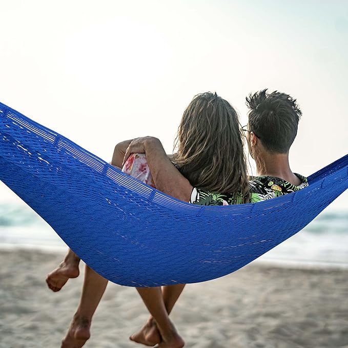 Lazy Daze Hammocks Handwoven Mayan Hammock 10.5 FT Soft Rope Double Hammocks Portable Outdoor Hammock with Carry Bag 2 Straps &amp Carabiners for Patio Outside 550 lbs Weight Capacity Blue