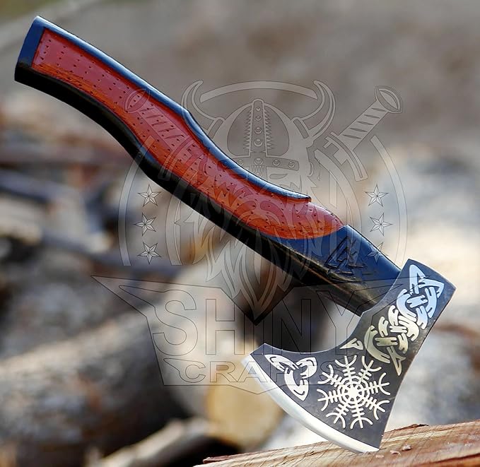 SHINY CRAFTS® Handcrafted Viking Axe – Nordic Engraved Blade with Wooden Handle Unique Gift for Men Collectors and Fantasy Enthusiasts (SCA-01)