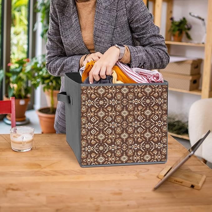 Space-Saving Fabric Storage Cubes Aztec Native American Southwestern Boho Brown Collapsible Baskets with Handles Stylish Storage Solution for Home