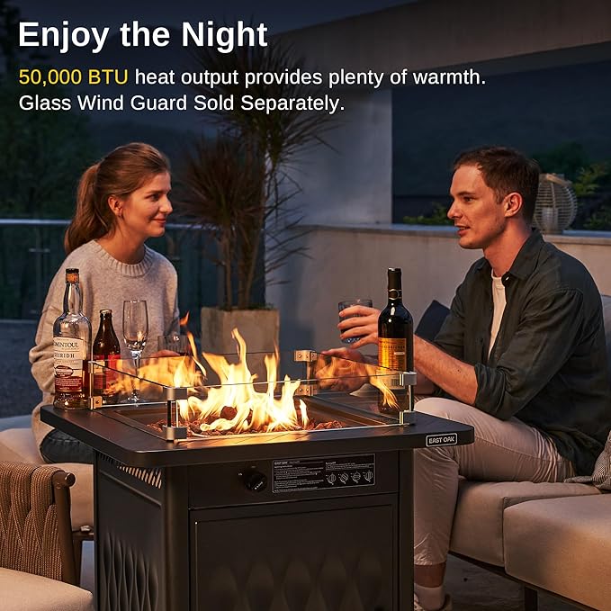 EAST OAK 28'' Propane Fire Pit Table 50000 BTU Steel Gas FirePit for Outdoor Outside Patio Deck and Garden CSA Certified Fire Table with Magnetic Lid Cover-Storage Basket and Lava Rock  Black