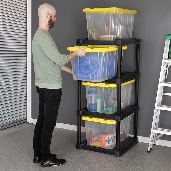 Sterilite 4 Tier Tote Rack Vertical Plastic Organizer with 4 Pack 27 Gallon Industrial Storage Totes Clear - for Garages Workshops or Basements
