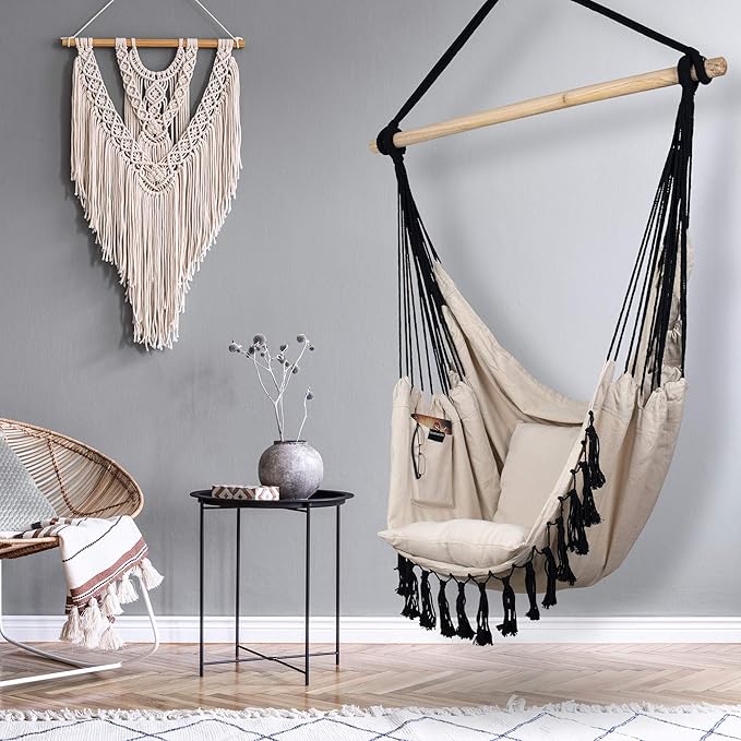 KOMOREBI Hammock Chair - Ivory Black - 60 x 47 - Hanging Rope Swing for Indoor &amp Outdoor - Soft &amp Durable Cotton Canvas - 2 Cushions Included - Large Macrame Hanging Chair for Bedroom Patio