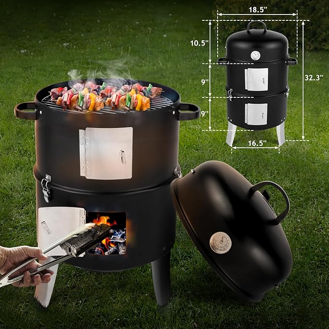 LEADZM 3-in-1 Vertical Charcoal Grill Outdoor BBQ Charcoal Smoker with Built-in Thermometer Air Vent and 2 Access Doors Perfect for Camping Picnics Backyard BBQs and Tailgating Parties