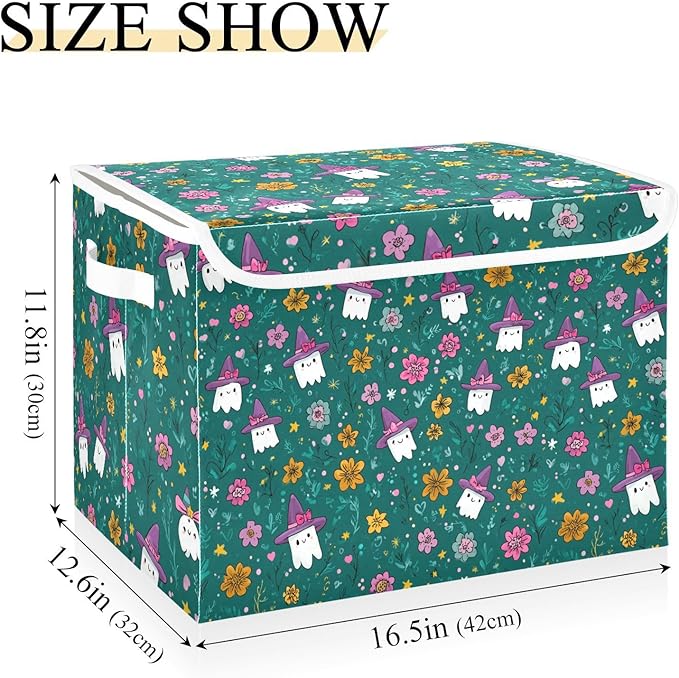 Halloween Teal Ghosties Stars Flowers Storage Box with Lid 1 PC Foldable Storage Bin with Lids Stackable Storage Bins Cube Closet Organizer Basket with Flip-Top Lid &amp Handles for Shoes Books Towel