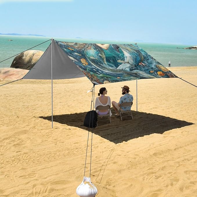 ALAZA Sea Mermaid with Dolphins Fish Beach Tent Sun Shelter Portable Canopy Sunshade for Outdoor Camping Picnics Backyard Fun 10x9 ft