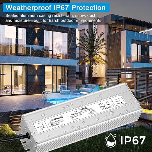 24V 280W LED Power Supply IP67 Waterproof LED Driver AC 110V to DC 24 Volt 11.7A Converter Outdoor Low Voltage Transformer for LED Strip Light Landscape Lighting 3-Prong Plug with 3.3 FT Cable