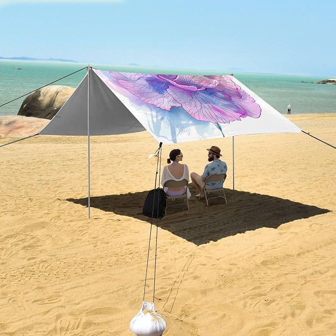 ALAZA Carnation Flower Ink Beach Tent Sun Shelter UPF50+ Protection Beach Shade Canopy w/ 4 Sandbags for Outdoor Camping Fishing Backyard Fun Picnic 10x9 ft