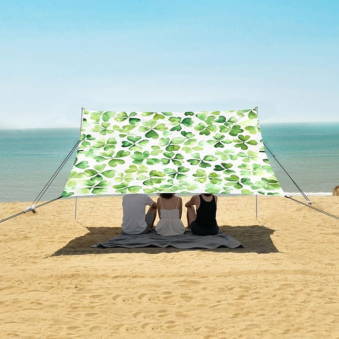 St Patrick's Day Watercolor Clovers Beach Tent Sun Shelter Set UPF50+ UV Protection 10.5 x 9.19 FT Camping Shade Canopy with Sandbags Sand Anchors Carrying Bag and Others