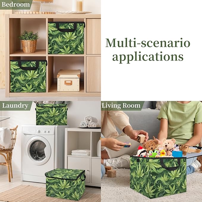 Leaf Storage Bins with Lids Green Leave Foldable Storage Boxes with Carrying Handle Organizer Containers Baskets Cube for Home Bedroom Closet