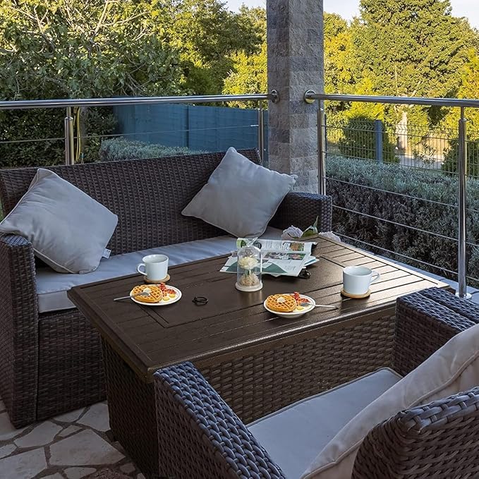 Kozyard Outdoor Patio Propane Gas Fire Pit Table - 50000 BTU Wicker Design with Aluminum Tabletop Glass Wind Guard Clear Glass Rocks Slide Out Tank Holder - Ideal Patio Fire Table (Brown)