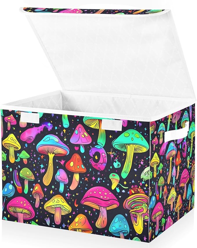 Anime Mushroom Storage Cube Bins Basket with Lid Collapsible Flip-top Fabric with Handle for Home Bedroom Closet Office 16.5×12.6×11.8 in