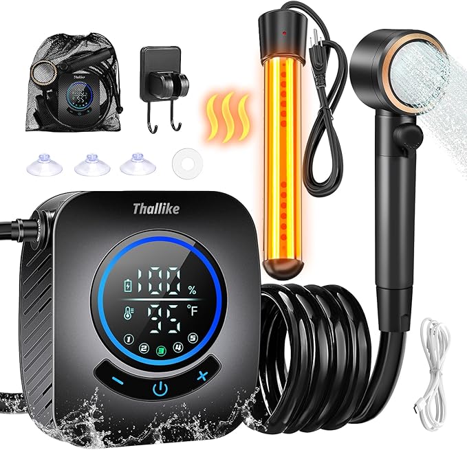 Upgraded Portable Shower with Heater 1500W Immersion Heated 8000mAh Rechargeable Camping Shower Pump with LED Display IPX8 Waterproof Lightweight Outdoor Shower Pump Kit for Hiking