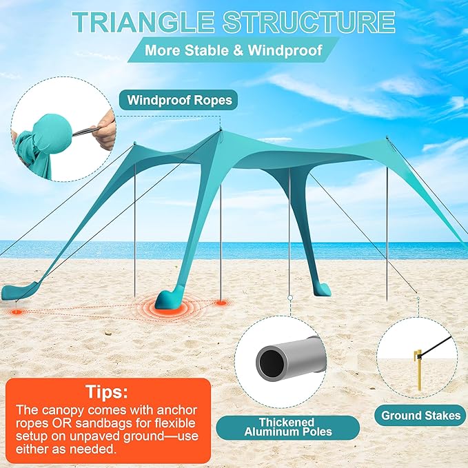Beach Tent Sun Shelter UPF50+ with Sandbags Sand Shovel &amp Windproof Poles - Portable Pop Up Canopy for Beach Camping Picnics Backyard &amp Fishing (Cyan10x10FT)