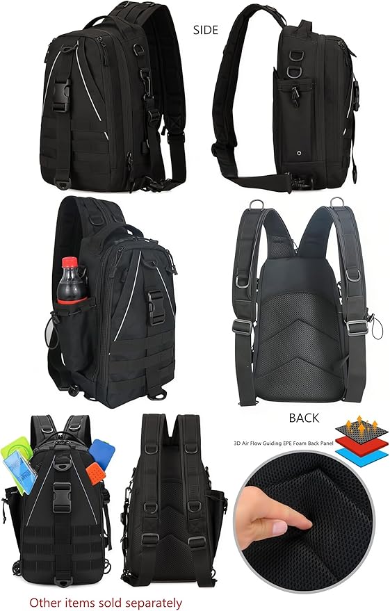 Mint &amp Moss Tactical Backpack for Men Water Resistant Tackle Backpack with Rod Holder &amp Tackle Box Kit Lightweight Sling Fishing Bag for Trekking Survival Camping Fitness Travel (Black)