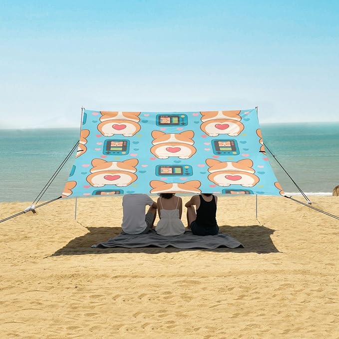 ALAZA Corgi Game Console Pattern Beach Tent Sun Shelter Portable Canopy Sunshade for Outdoor Camping Picnics Backyard Fun 10x9 ft