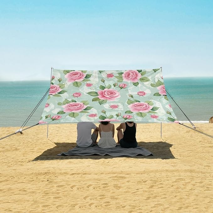 xigua Rose Beach Tent Sun Shelter with Carrying Bag - Silver Coated Oxford Fabric Beach Canopy for Beach Camping Fishing - Includes Windproof Ropes Sandbags &amp Stakes