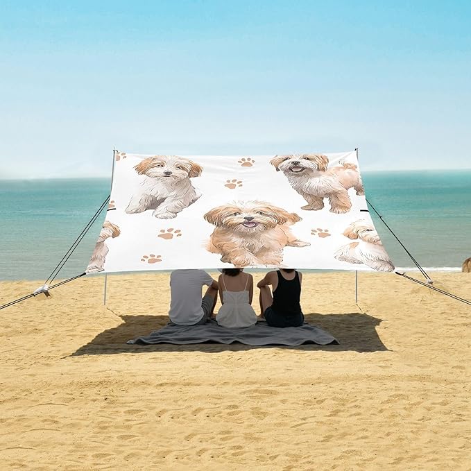 ALAZA Happy Dogs Puppy Paw Prints Beach Tent Sun Shelter UPF50+ Protection Beach Shade Canopy w/ 4 Sandbags for Outdoor Camping Fishing Backyard Fun Picnic 10x9 ft