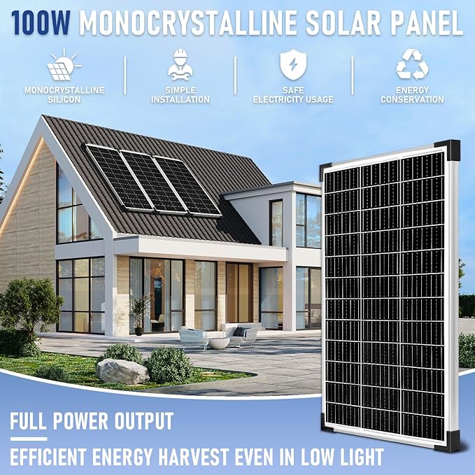 Solar Panel Kit 100W 12V MonocrystallineBattery Maintainer +20A Solar Charge Controller +16.4Ft Extension Cable with Battery Clips O-Ring Terminal for RV Marine Boat Off Grid System