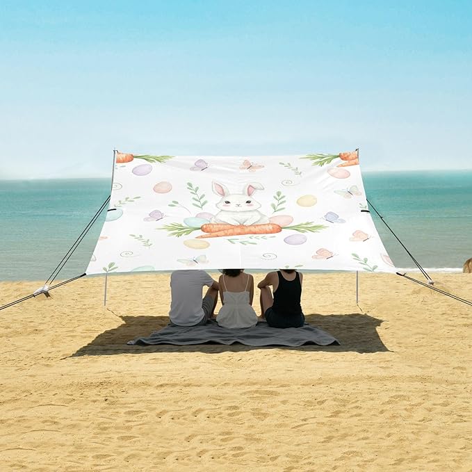 Beach Canopy with Windproof Ropes &amp Sandbags Beach Tent Sun Shade Sun Shelter for Camping Trips Fishing Backyard Fun or Picnics Easter Bunny