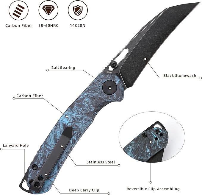 Folding Pocket Knife 3.1 Stonewash Blade EDC Knife with Safety Liner Lock Small Pocket Knife with Clip for Men Sharp Camping Hiking Hunting Survival Knives