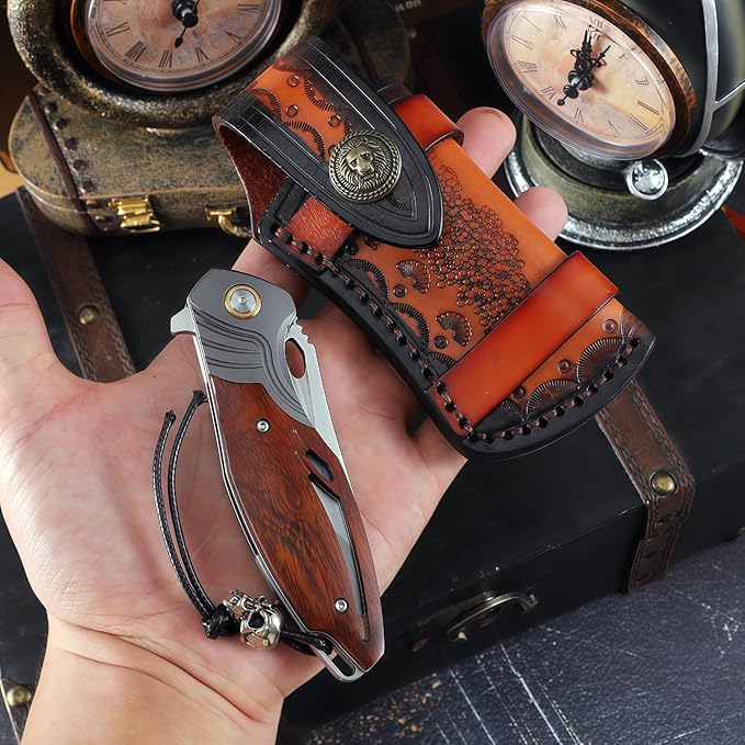 Pocket Knife Hunting Knives &amp Tools Knifes HRC 62 Desert Ironwood Handle Hand-Carved Vegetable-Tanned Leather Sheath Folding Knife for Men