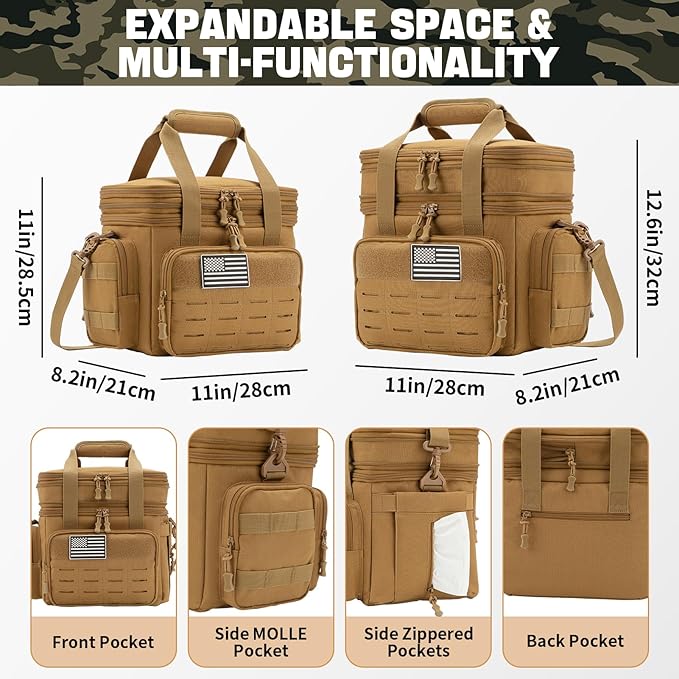 QT&ampQY Tactical Lunch Box for Men Expandable 18L Heavy Duty Military Insulated Cooler Bag Leakproof Thermal Lunch Bag for Work Camping Outdoor Picnic Pail Adult Meal MOLLE Webbing Khaki