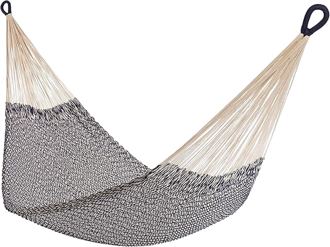 Handwoven Cotton Rope Hammock by Yellow Leaf Hammocks - Double Size Fits 1-2 PPL 400lb max - 100% Natural Cotton Easy to Hang Artisan Made - Color: Navy Blue - Off White