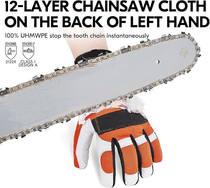 Vgo... 1Pair Chainsaw Gloves 12-Layer Chainsaw Protection on Left Hand BackGoat leather Work Gloves Mechanic Gloves