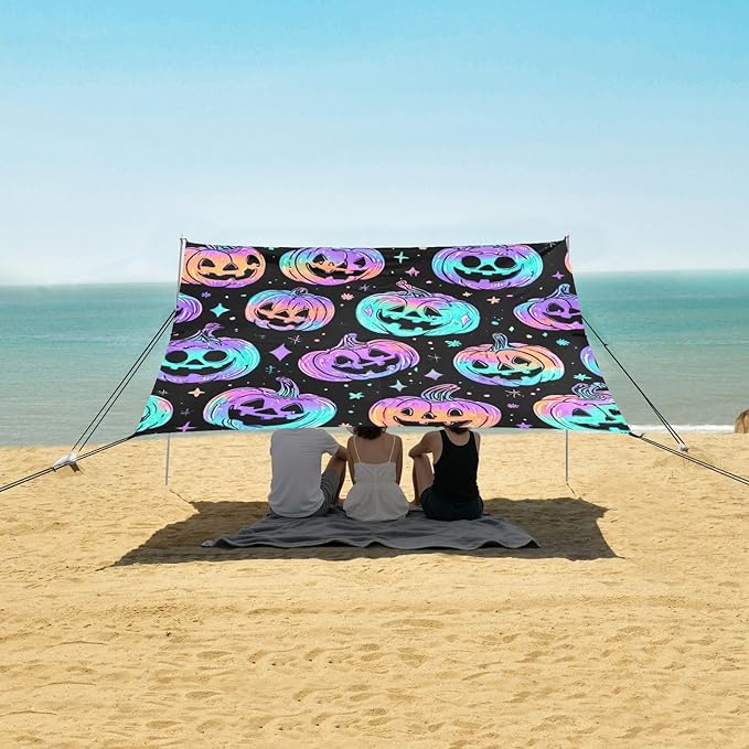 ALAZA Pumpkin Colorful Pattern Beach Tent Sun Shelter UPF50+ Protection Beach Shade Canopy w/ 4 Sandbags for Outdoor Camping Fishing Backyard Fun Picnic 10x9 ft