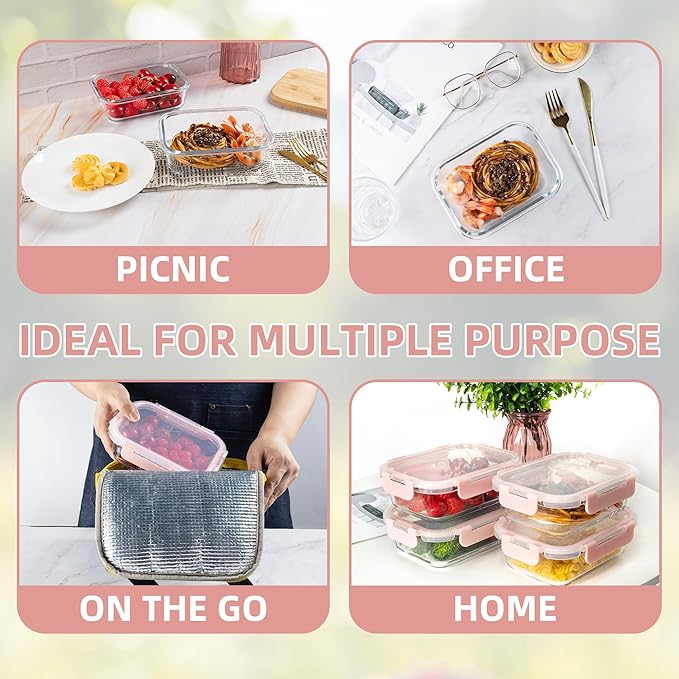 10 Pack 22 oz Glass Meal Prep Containers Food Storage Containers with Lids Airtight Leakproof Lunch Containers for Kitchen Freezer Microwave Dishwasher Safe (Pink)