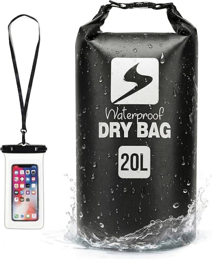 Soulsfeng Waterproof Dry Bag Backpack Roll Top Floating Dry Storage Bag with Phone Case Lightweight Dry Sack for Kayaking Boating Beach Travel Camping 20L Black