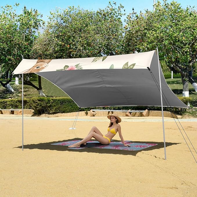 xigua Rabbit Beach Tent Sun Shelter with Carrying Bag - Silver Coated Oxford Fabric Beach Canopy for Beach Camping Fishing - Includes Windproof Ropes Sandbags &amp Stakes