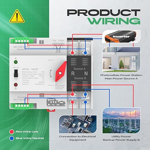 Automatic Transfer Switch 100A AC 220V Dual Power ATS 2P Automatic/Manual Transfer Switch din Rail mounting for Home Generator RVPublic/Backup Power Supply