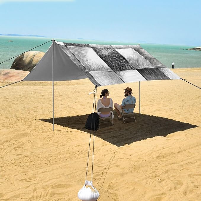Silver Checked Hand-Drawn Sketch Beach Cabana UPF50 Easy Setup Portable Sun Shelter with Sandbags Sand Shovel Poles for Backyard and Camping