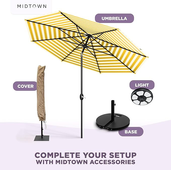 Midtown Umbrellas - 10-Year-No-Fade 10 Ft Patio Umbrella with Terylast Fabric Auto-Tilt Aluminum Frame and 8 Reinforced Ribs for Deck Pool Garden &amp Beach - White/Yellow Stripes Canopy Black Po