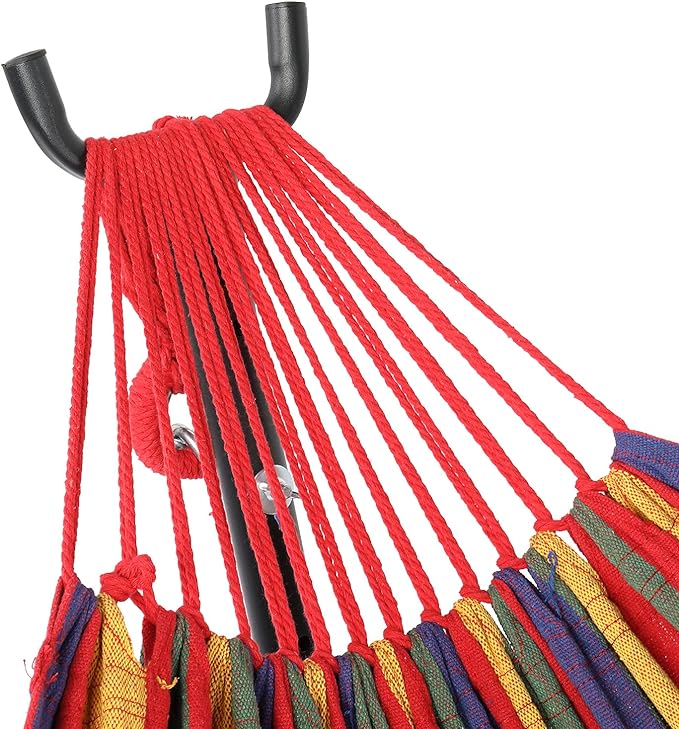 Black Steel Pipe Hammock Frame with 200X150cm Polyester Cotton Hammock Four Red Strip Natural Rope Iron Hammock Set