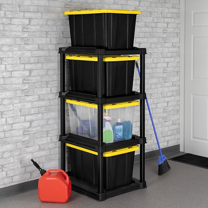 Sterilite 4 Tier Tote Rack Vertical Plastic Organizer with 4 Pack 27 Gallon Industrial Storage Totes Black - for Garages Workshops or Basements