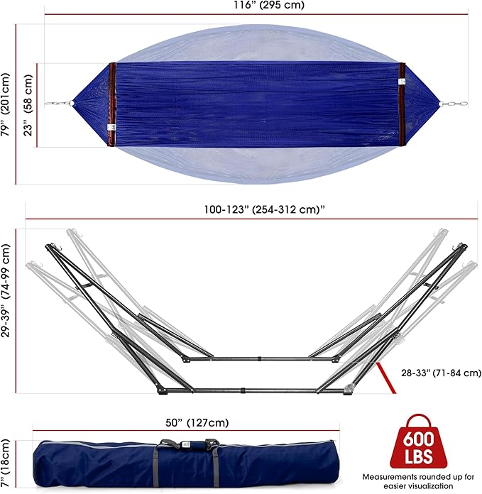 Tranquillo Camping Hammock and Stand Collapsible Camping Hammock with Stand 600 lbs Capacity Foldable Hammock for 2 Persons Premium Noiseless No Screws Heavy Duty Multifunctional Stand Blue