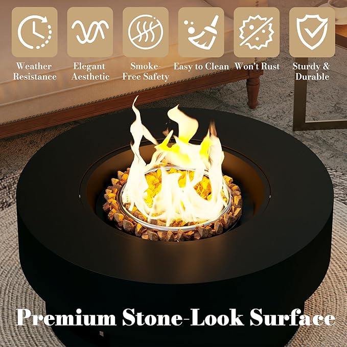 32.5 Inch Propane Fire Pit Table 50000 BTU Round Patio Fire Pit Table Outdoor CSA Certified Stainless Burner with Steel Lid Waterproof Cover &amp Lava Rocks for Backyard Garden Black