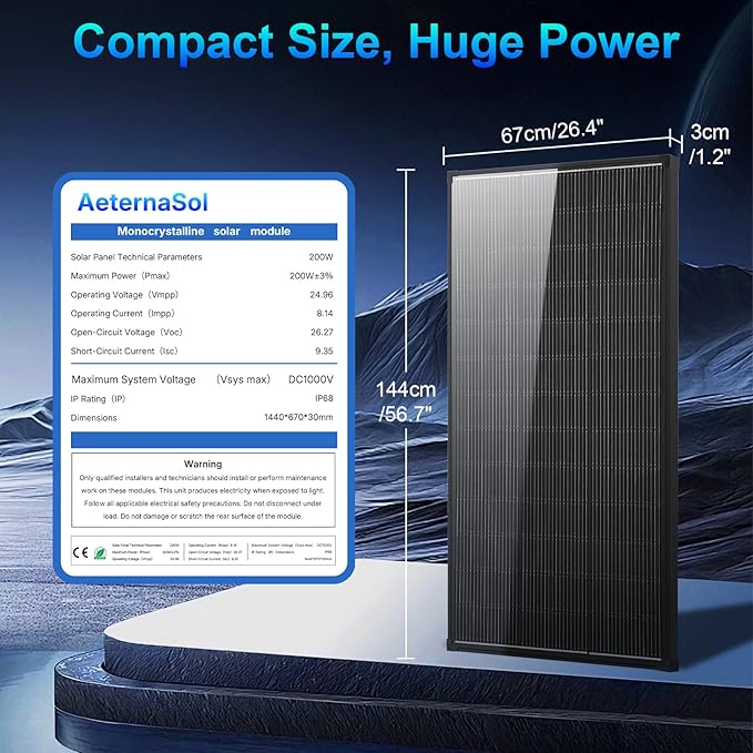 Solar Panels200 watt Solar Panel 12v n Type 18bb Solar Panel A+ Grade PV Module with IP68 Junction Box25% Cell Efficiency 200w Solar Panels for Off Grid RV Boat Rooftop Camper(200W Black