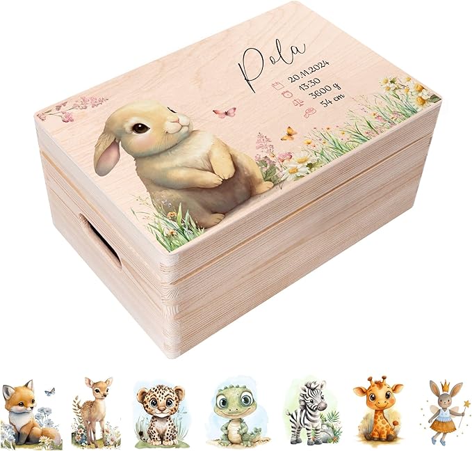Creative Deco Personalized Wooden Baby Memory Box Storage Box - Wild Animals | 11.8x7.87x5.51in (+-0.5) | Hinged Lid Handle Engraving | Unpainted Gift Box ROUGH UNSANDED Keepsake Memory Souvenir Chest